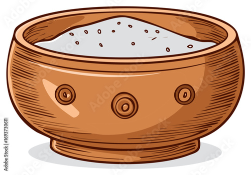 Rustic hand drawn brown ceramic bowl filled with white granular salt for cooking seasoning