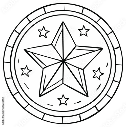 Contour drawing of star-shaped badge, enclosed by a circular border with star accents.