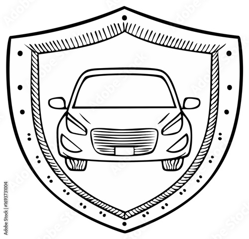 Hand Drawn Car Inside Protective Shield Emblem Illustration