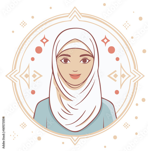 Portrait of a smiling woman in a hijab with decorative elements