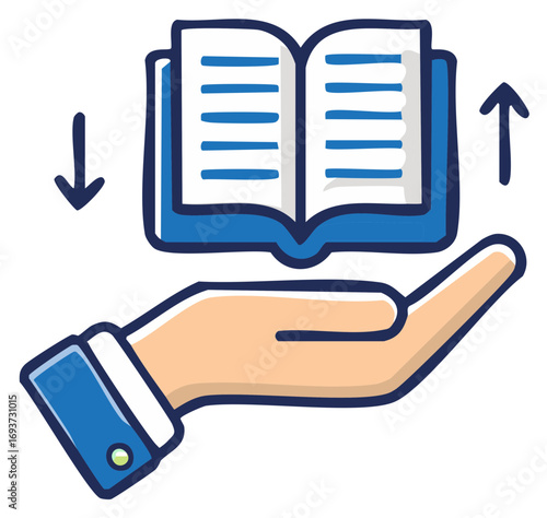 Doodle illustration of hand offering open book with upward and downward arrows suggesting information exchange