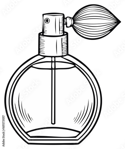 Black and white line art drawing of a classic elegant perfume bottle with a retro squeeze bulb atomizer