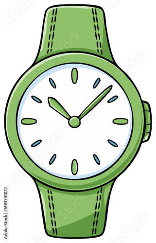 Lime Green Cartoon Watch with Stitched Band Face with Hour Minute Hands and Time Markers