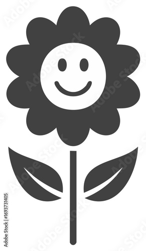 Smiling flower with leaves, simple graphic design icon, positive emotion symbol