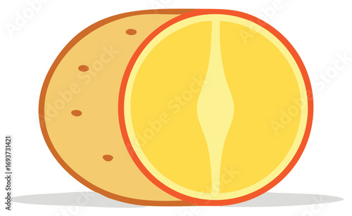 Cartoon style illustration of a sliced orange fruit and a potato