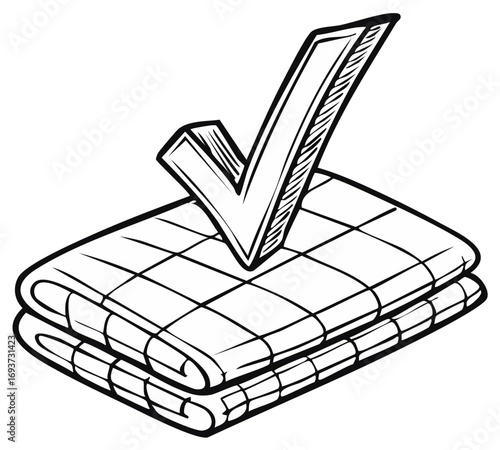 Approved Quilted Fabric Stack with Check Mark Icon Line Art Illustration