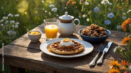 A serene outdoor breakfast scene featuring waffles with cream, orange juice, and nuts on a rustic table