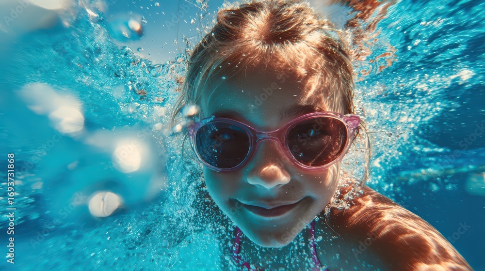 Naklejka premium Young Girl in Bright Blue Pool, CloseUp Swimming Shot Vibrant Summer Leisure, Perfect for Social Media or Lifestyle Campaigns, Invigorating Scene Ideal for HighEnergy Campaigns.
