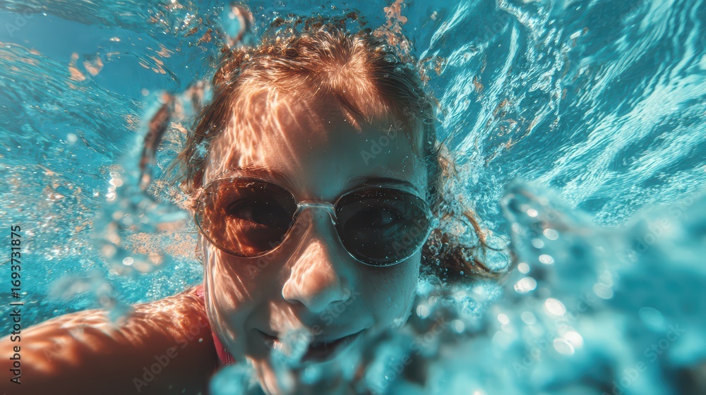 Naklejka premium Stylish Woman Wearing Sunglasses Swimming Close Up Against a Bright Blue Pool Backdrop Vibrant Lifestyle Image, Ideal for RelaxationFocused Projects.