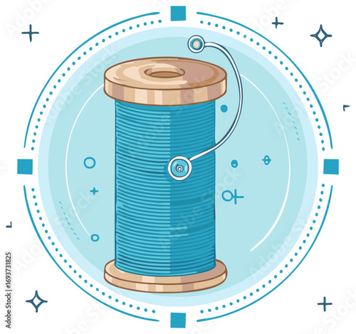 Turquoise Thread Spool with Celestial Design Elements and Decorative Border