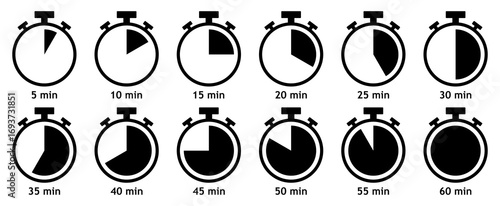 Timer, clock, stopwatch vector icon set from 5 to 60 minutes isolated on white background. Countdown timer vector illustration. Flat style.