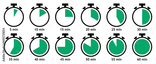 Timer, clock, stopwatch vector icon set from 5 to 60 minutes isolated on white background. Set of green stopwatch icons from 5 to 60 minutes. Flat design. Countdown timer vector illustration. 