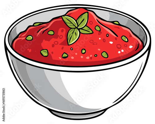 Vibrant red salsa with fresh green basil leaves and chunky ingredients in a white bowl