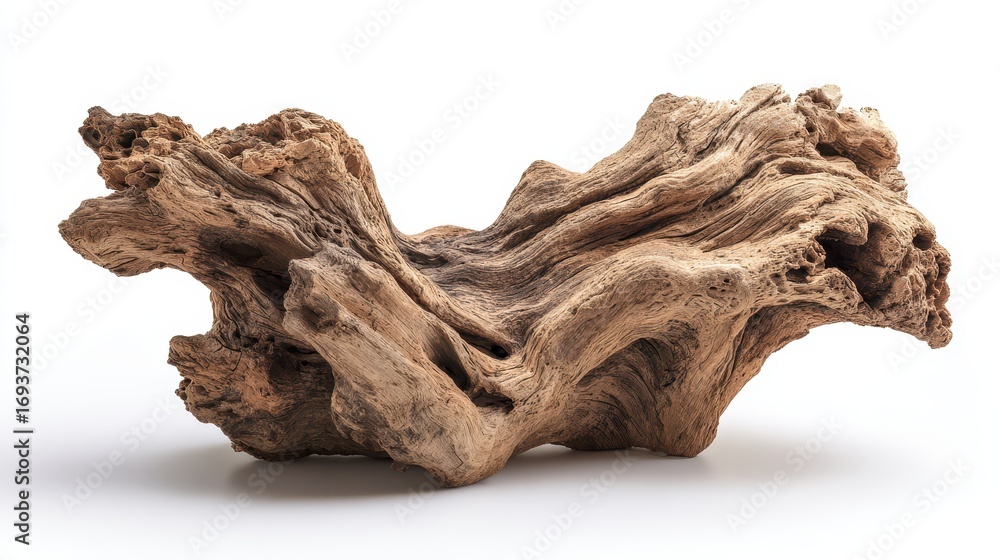 Obraz premium Weathered Driftwood Sculpture on White Background, Abstract Wood Texture
