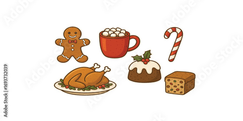 Print  Christmas Holiday Food Sticker Pack – Gingerbread, Hot Cocoa, Candy Cane, Turkey, Pudding, and Fruitcake Vector Illustration
