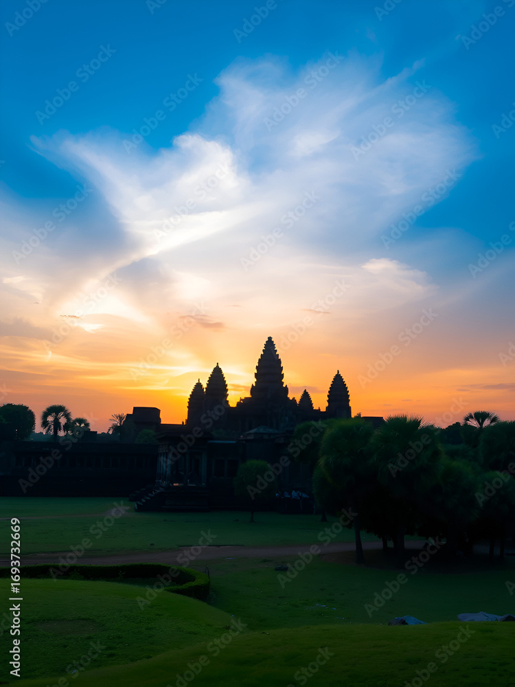 Obraz premium Angkor Wat Sunrise Panorama: Majestic Cambodian Temple at Dawn