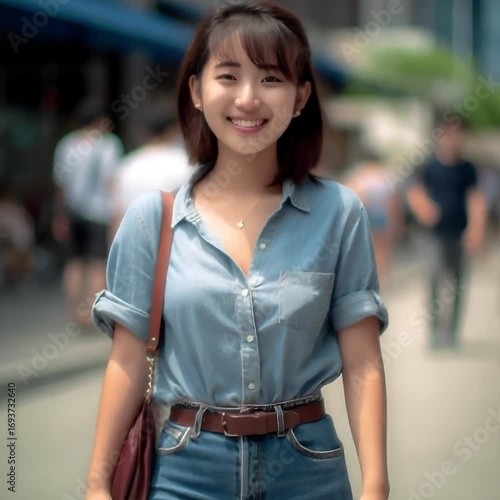 街を歩いてショッピングを楽しむ女性