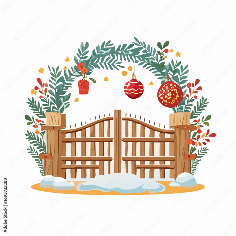Obraz premium winter country scene with winter decor, branch, gate