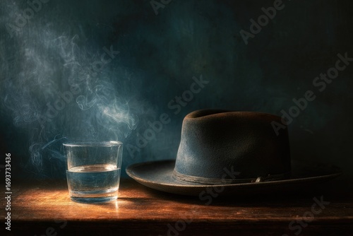 Still life with a whiskey glass and hat