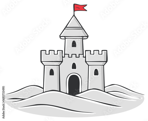 Playful gray sandcastle with a red flag and multiple turrets, built on a stylized sand mound.