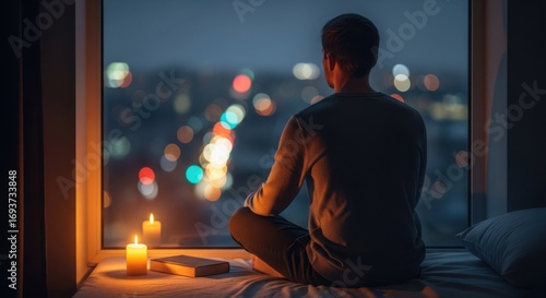 Person meditating by a window with city lights at night