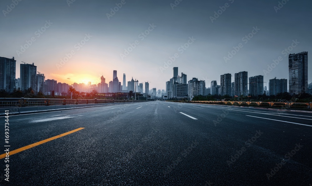 Fototapeta premium Empty road leading to city skyline at sunrise