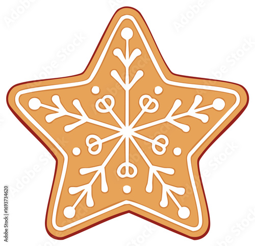 Gingerbread star cookie decorated with white icing snowflake pattern, Christmas
