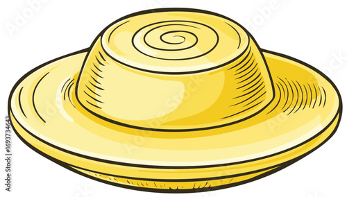 Yellow straw hat vector illustration, drawing style, wide brim and round crown, summer fashion