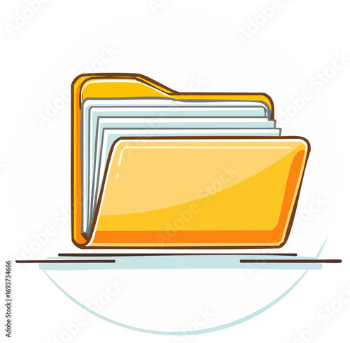 Open yellow file folder with papers for document organization and data storage icon