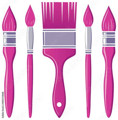 A collection of five stylized magenta paint brushes with silver ferrules and details in various sizes