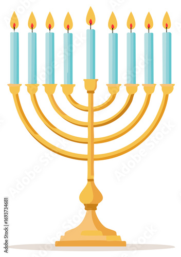 Traditional golden menorah with seven lit blue candles illuminated by warm yellow flames