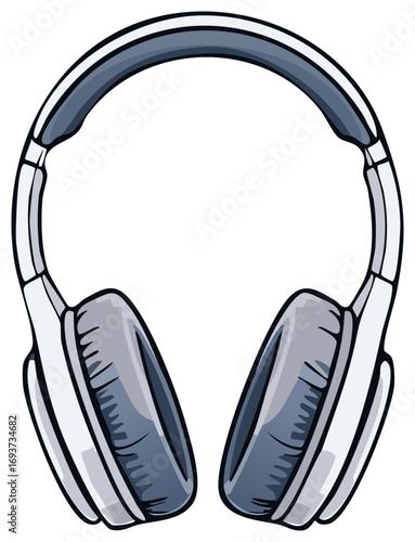 Illustrated white and gray headphones for music listening, podcast or audiobooks
