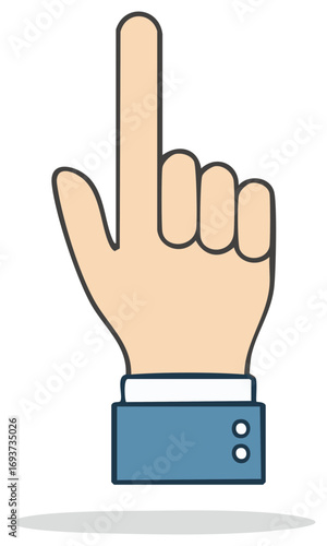Hand gesturing upward, finger pointing, wearing blue shirt with cuff and buttons illustration