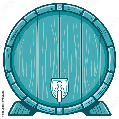 Vintage blue wooden barrel with tap and metal hoops, cartoon vector illustration for beverage