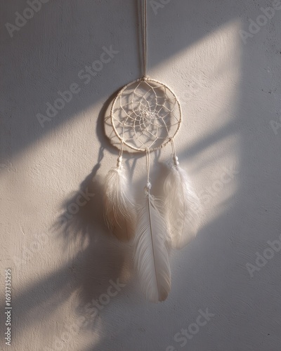 White Dreamcatcher with Feathers on Textured Wall in Warm Sunlight and Shadows
