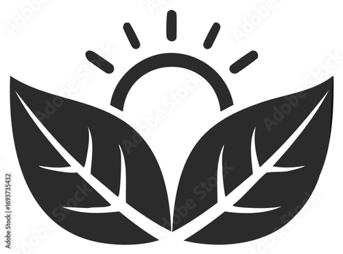 Stylized leaves and rising sun icon representing nature growth and renewable energy