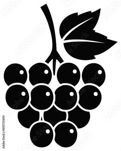 Black Grape Cluster Silhouette Vector Icon with Stem and Leaf Illustration