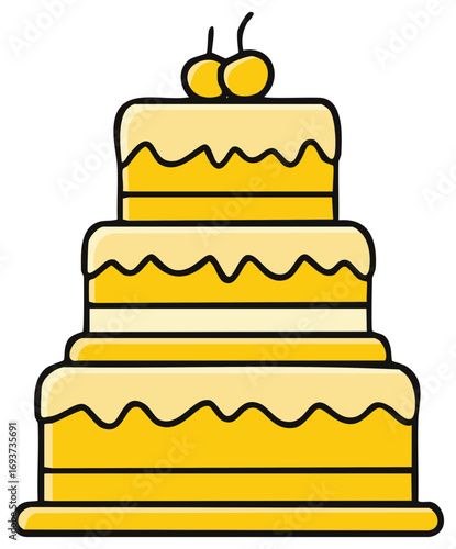 Festive three layer yellow cake with creamy dripping icing and decorative sweet fruit topping vector illustration