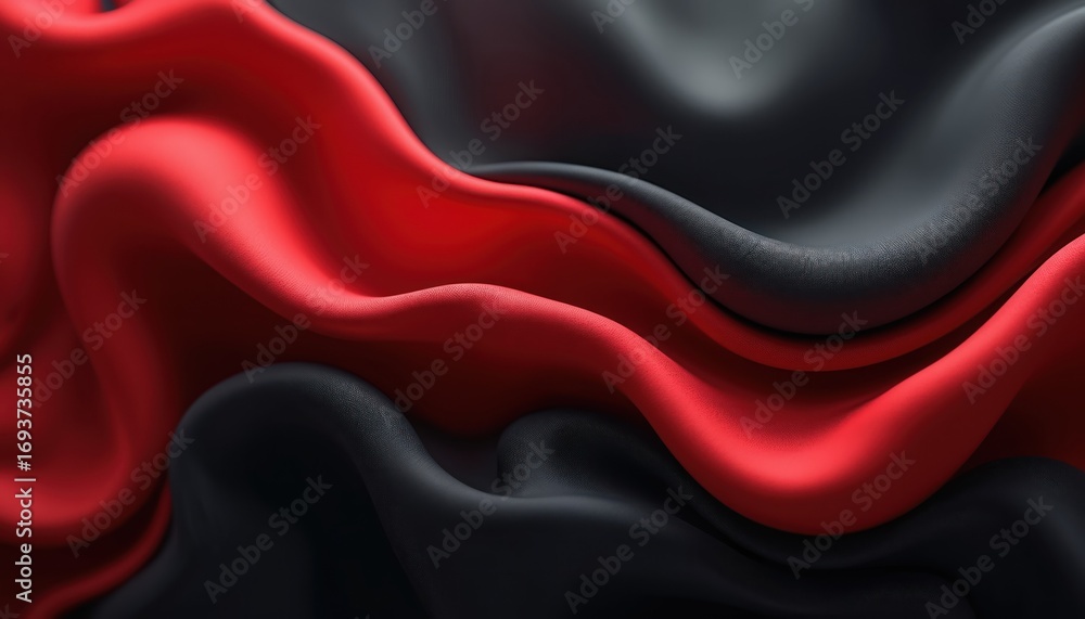 Obraz premium Abstract illustration of flowing fabric in red, black colors. Material features smooth, wavy textures with soft shadows, creating luxurious, dynamic visual. Ideal as background for design elements