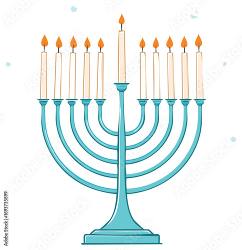 Illustrated Menorah with Nine Burning Candles and Festive Confetti