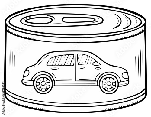 Cartoon line drawing of a car inside a food can