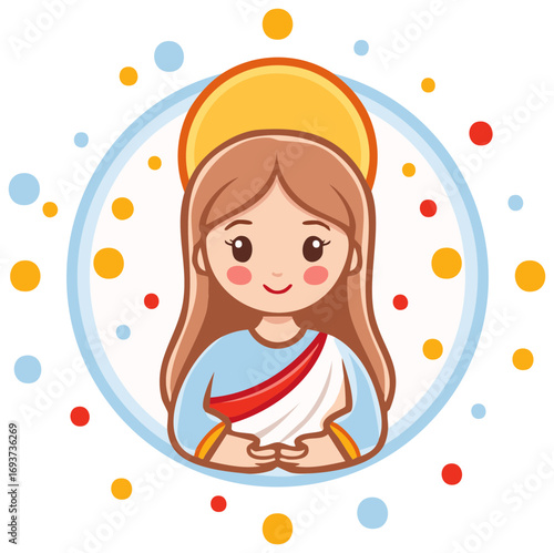Cartoon illustration of a saintly figure with long brown hair, wearing halo and blue robe