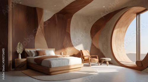 Artistic modern bedroom with organic wooden wall design and natural sunlight interior