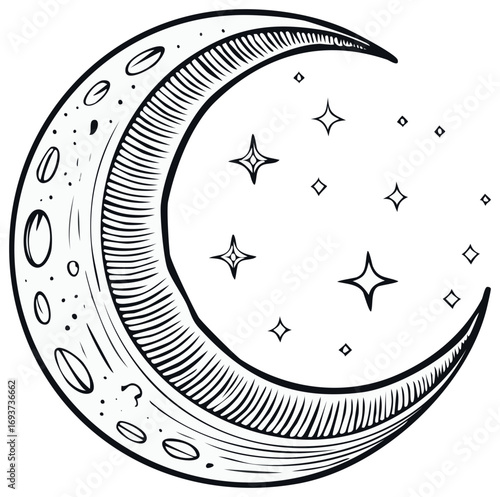 Hand-drawn crescent moon and stars illustration for design and decor.