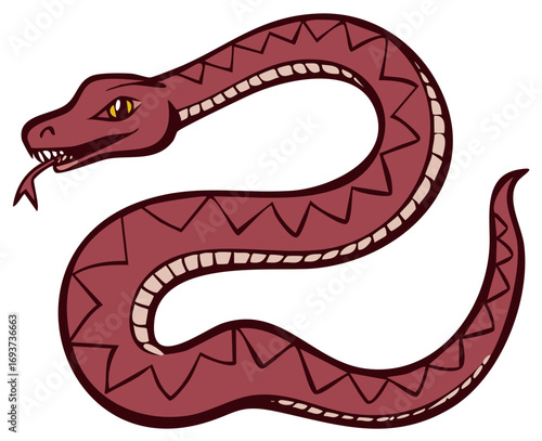 Cartoon Snake with Angular Pattern, Crimson Reptile with Tongue, Illustration