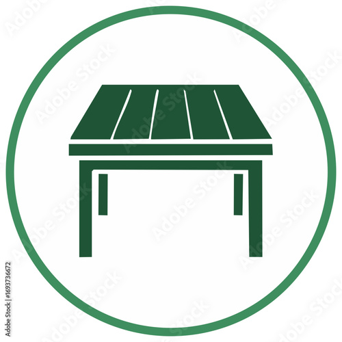 Green icon of a picnic table within a green circle for symbol design