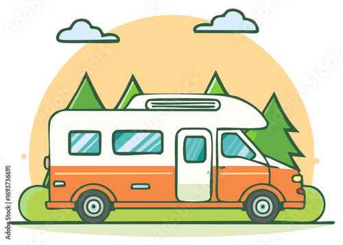 Illustration of a Camper Van in a Forest With Trees and Clouds For Adventure and Recreation