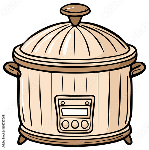 Illustration of an oval electric pot with a lid, display, knobs, and handles in warm, neutral tones