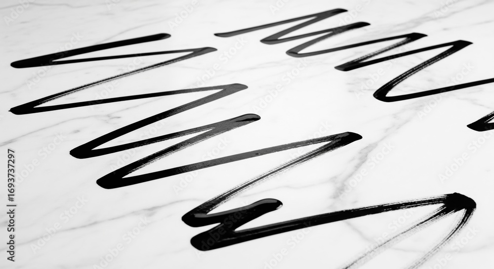 Fototapeta premium Close-up of black zig-zag lines on a white marble surface, creating an abstract pattern.
