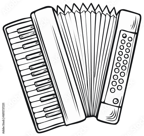 Detailed line art illustration of an accordion, a musical instrument.